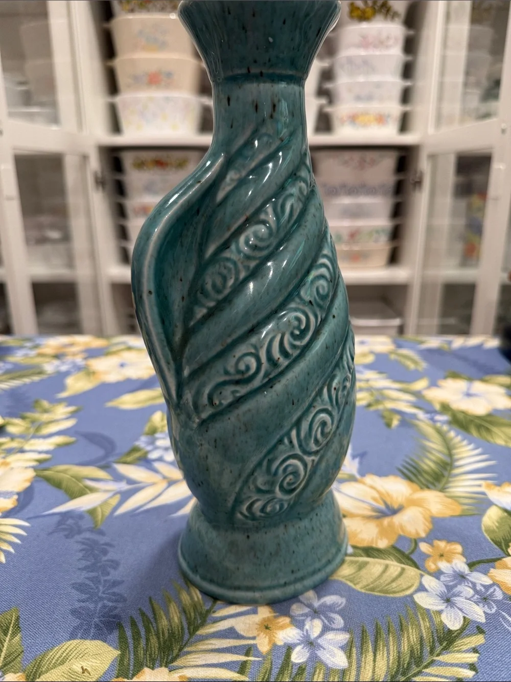 Teal Ceramic Decorative Vase with Swirl Motif